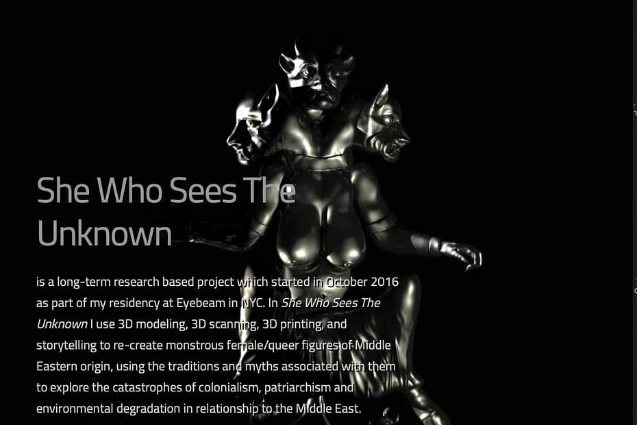 grey text over black back drop with big font reading "She Who Sees the Unknown" and 3 headed supernatural creature in the center.