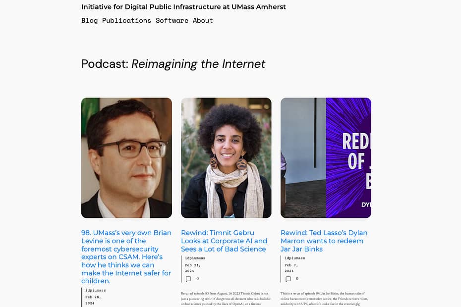 Three headshots of podcasters with descriptive text about their expertise and roles, on a background promoting a podcast titled "reimagining the internet