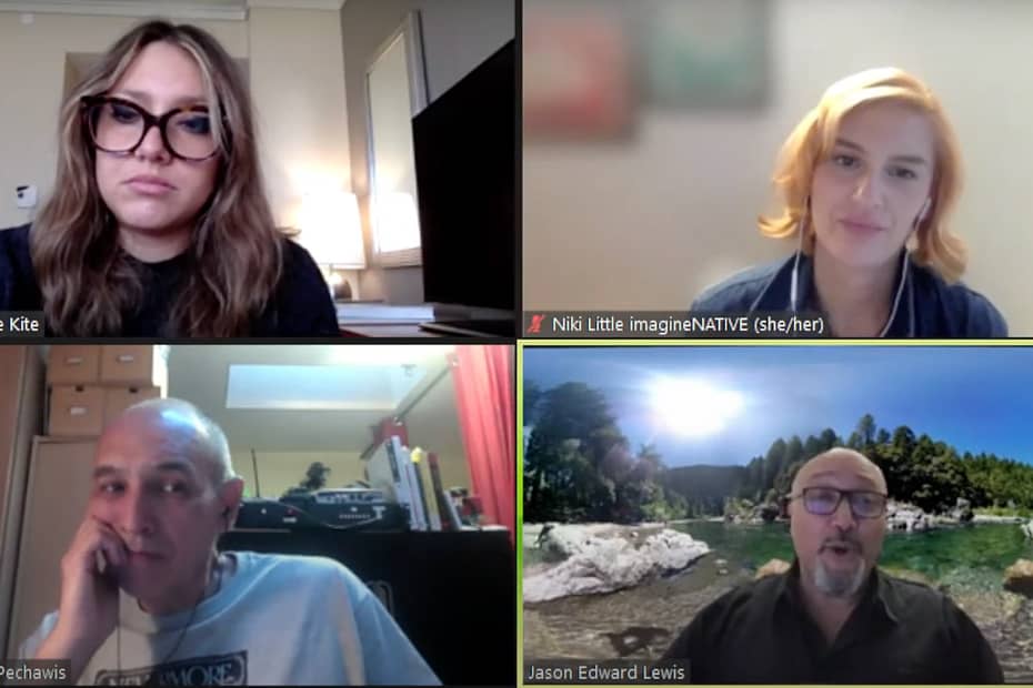 Zoom screen capture of Jason Lewis, Suzanne Kite, Archer Pechawis and Niki Little in quadrant profile panel