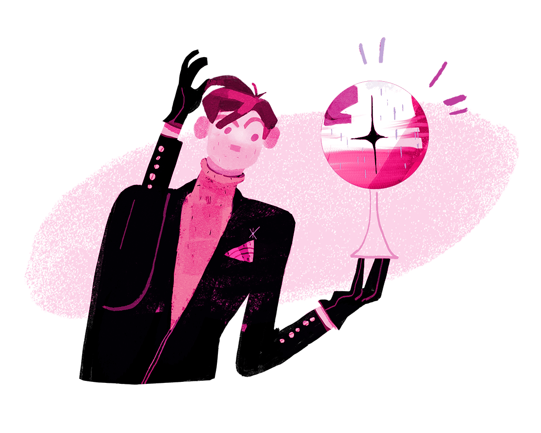 90s style clip art illustration of a magician casting a spell on a crystal ball... with a fuscia duotone treatment. Image emphasizes the magical nature of AI. 