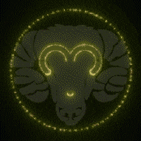 ARIES ANIMATION ICON, SPINNING ARIES SYMBOL GLOWING ON TOP OF A RAM ILLUSTRATION