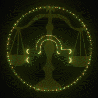 Animated Gif of a graphic of the Scales of Justice with a glowing Libra symbol rotating overlaid