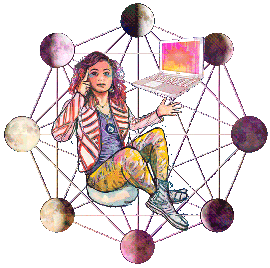 Watercolor illustration of the artist with pink and purple hair and a geometric cutout jacket and yellow pants sitting cross-legged on a cushion. Her hand is on her head as she concentrates on levitating a laptop. The laptop has a pink screen and is a gif that flips to its horizontal mirror image to appear to be moving. The background is a neural network pattern that is circular. Each circle node is an illustration of the phases of the moon with pink and purple overlay. The image flickers with static.