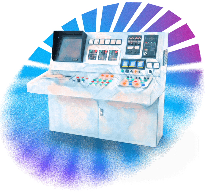 Old manufacturing computer stylized with purple and blue and meant to be the profile photo for the testimonial of the Algorithmic decision-making tool