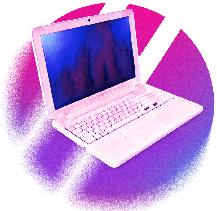 Old white stylized laptop on a colorful pink and purple abstract circle with stripes knocked out, meant to symbolize a laptop providing a testimonial