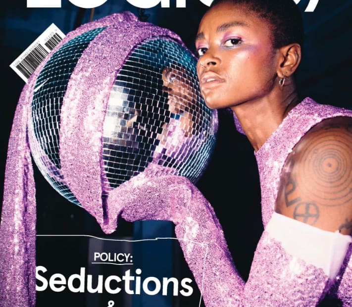 Black model holding disco ball with purple sequin fabric draped over, with bold white text reading "Logic(s)" and "policy: seductions and silences"