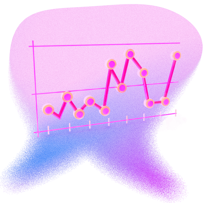 Amorphous pink blob with a pink chart floating on top meant to represent a spreadsheet giving a testimonial.