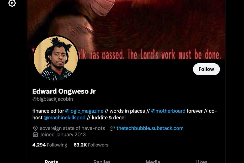X profile page of Black writer Edward Ongweso Jr