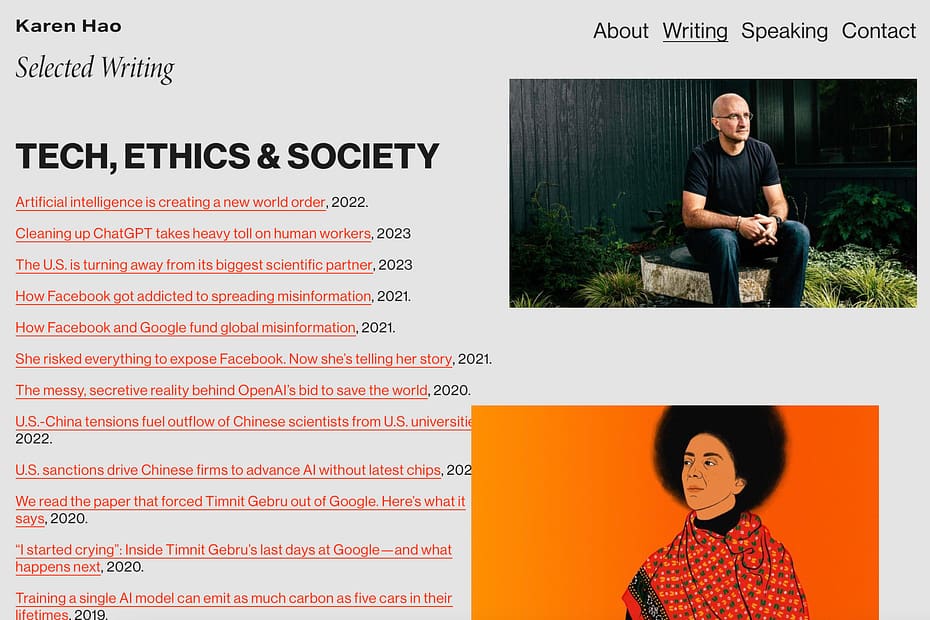 screenshot of Karen Hao, selected articles text over light grey back drop reading "Tech, Ethics & Society" with orange hyperlinked sources and featuring editorial images of individuals on right side