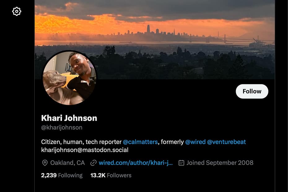 screen capture of reporter Khari Johnson's X profile page with back drop of San Francisco Bay sunset