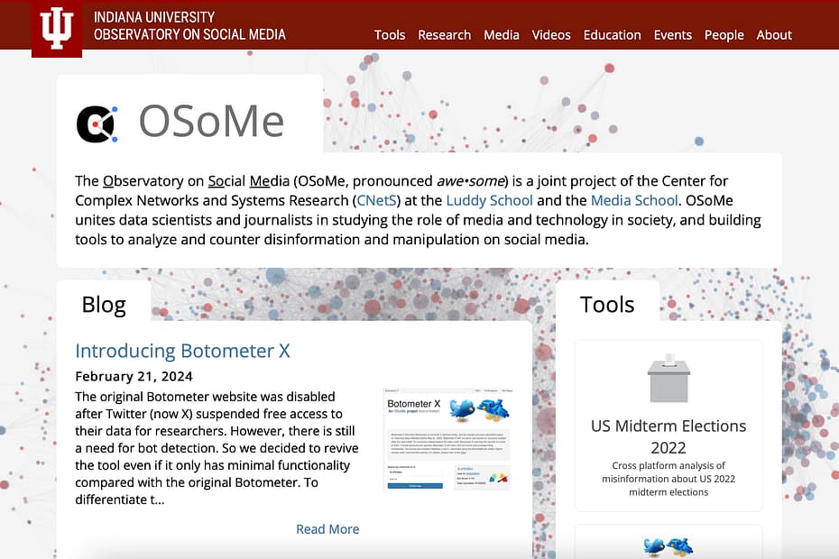 screenshot of a page from OSoMe page — website overview of OSoMe (The Observatory on Social Media) and it's mission