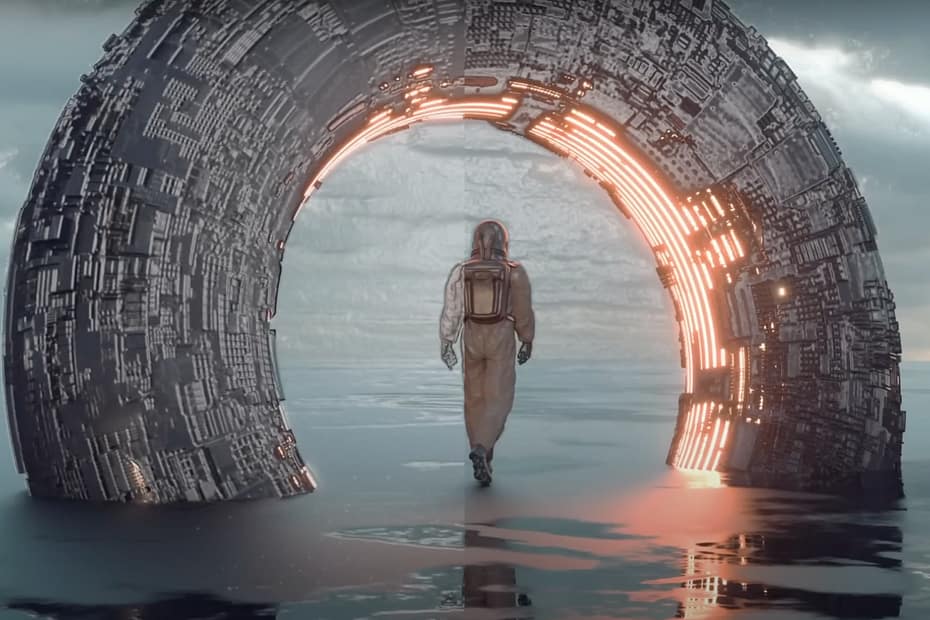 an astronaut walking towards a glowing, futuristic arc against a cloudy sky over reflective water surface