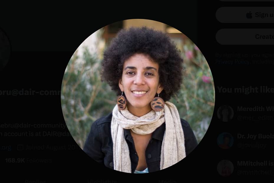 X profile shot of Black female AI researcher and founder of DAIR, Timnit Gebru
